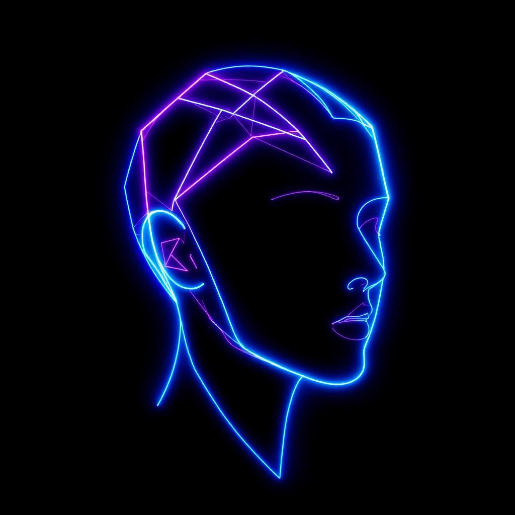 Abstract neon wireframe portrait representing the designer